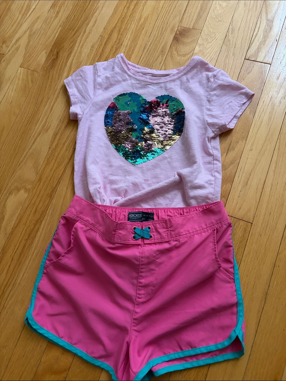 Pink Sequin Heart Tee & Hot Pink Athletic Shorts Set